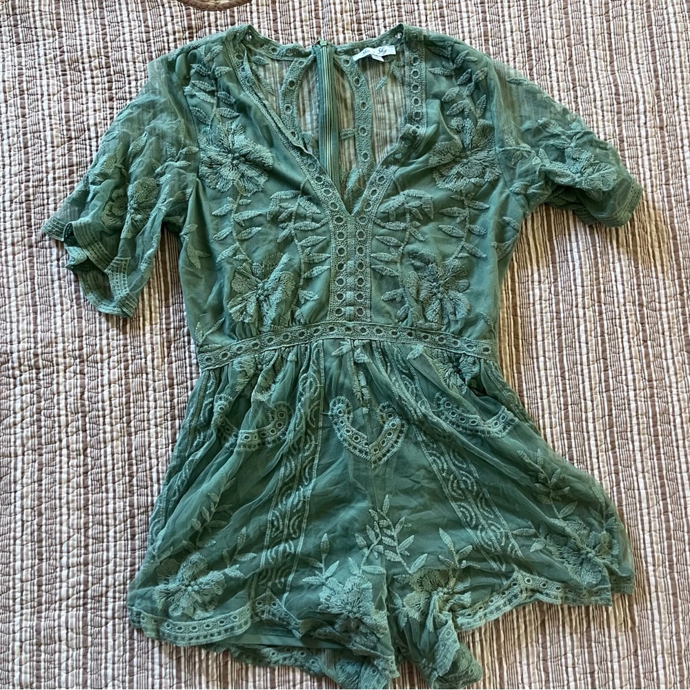 She + Sky Forest Green Embroidered V-Neck Crop Romper